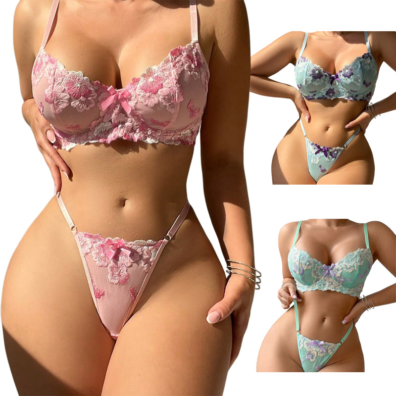 Good Floral & Wedding Decor Supply - Set Lingerie Seksi Bordir Bunga Pink