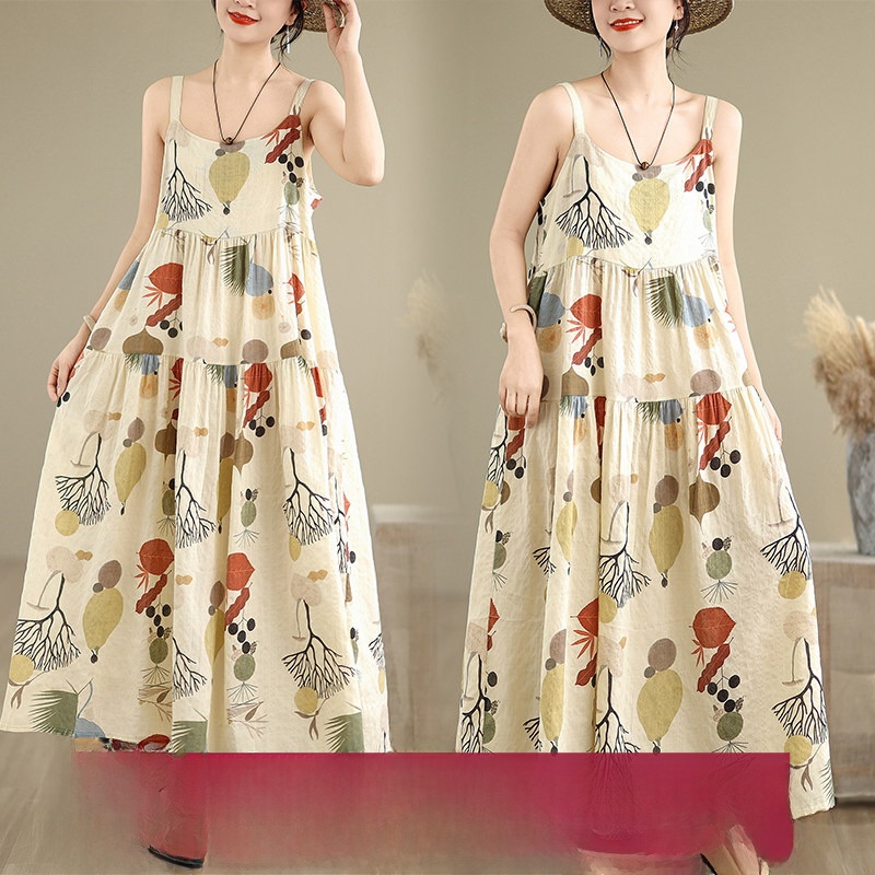 Good Floral & Wedding Decor Supply - Gaun Maxi Katun Linen Bermotif Bunga